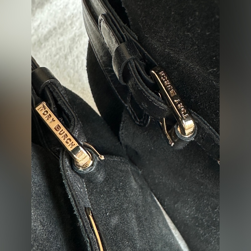 Tory Burch Robynne Black Suede Heel Boots‎ with Gold Buckle Size 8 M - Picture 10 of 12